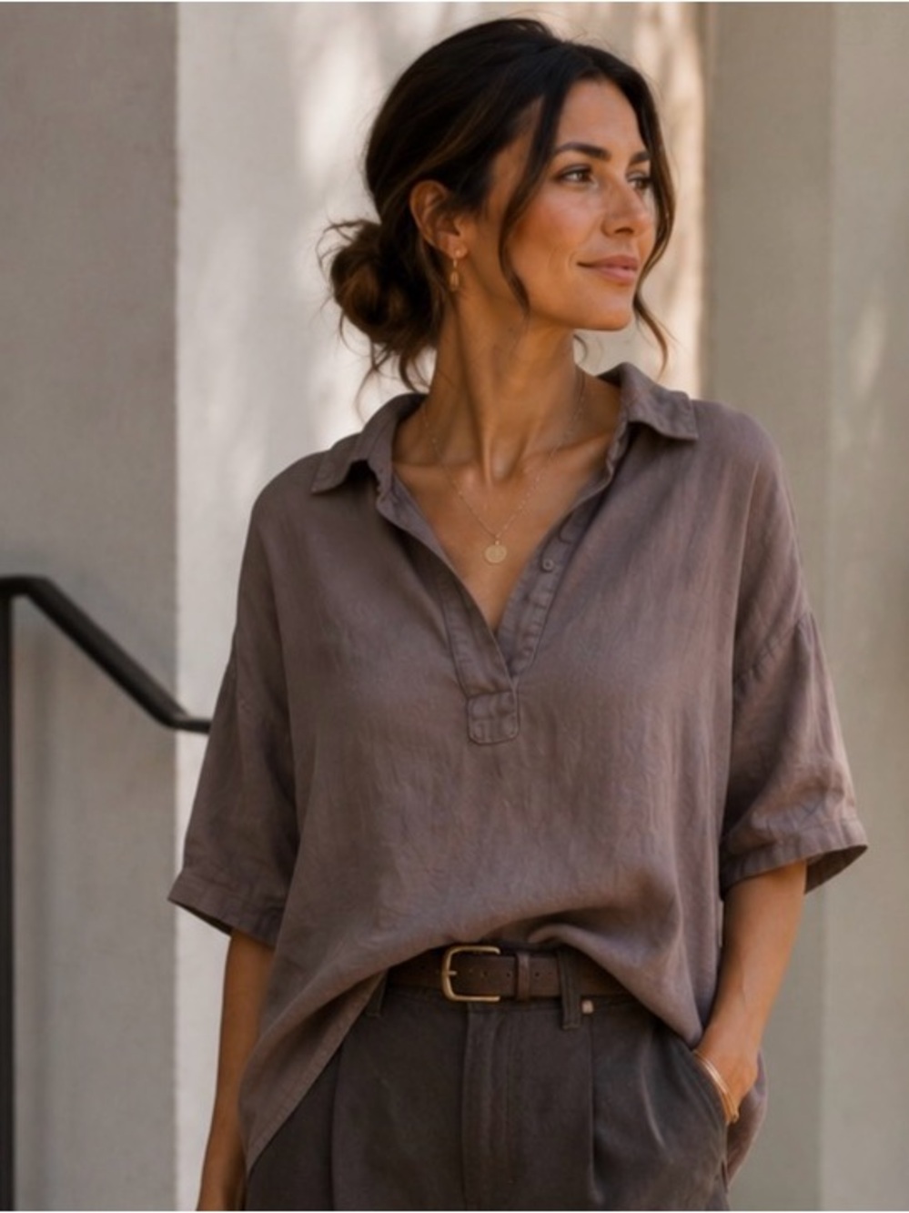 CP Shades 100% Linen Popover Blouse Small Dusty Plum Oversized High Low USA